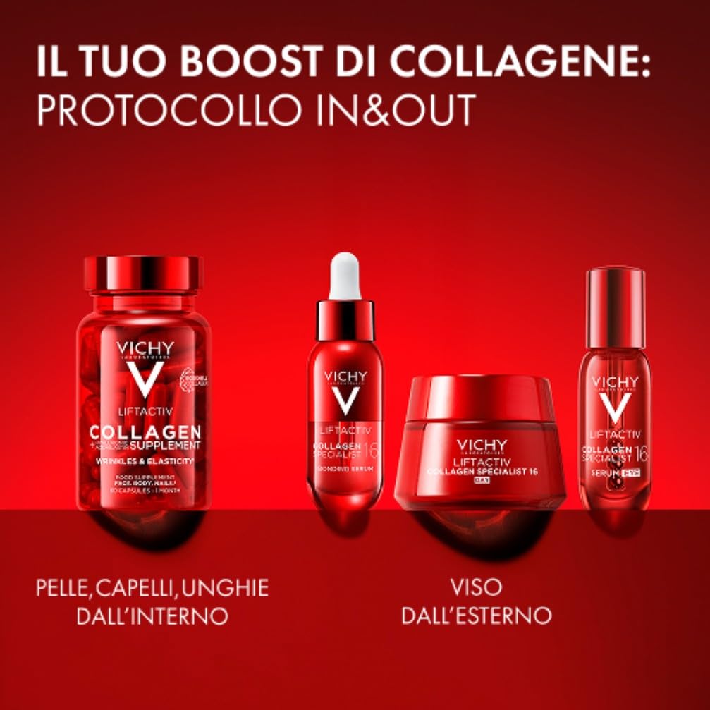 Vichy Liftactiv Collagen, Integratore di Collagene in Compresse, Per Donna e Uomo, Rughe Ridotte, Pelle Tonica e Unghie Più Forti, Con Collagene Vegetariano, Vitamina C e Vitamina E, 60 Compresse, 50g