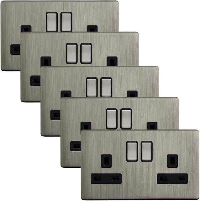 5 x Double Wall Socket Switched Gloss Brushed Chrome 2 Gang Screwless 13a Double Pole N410DME