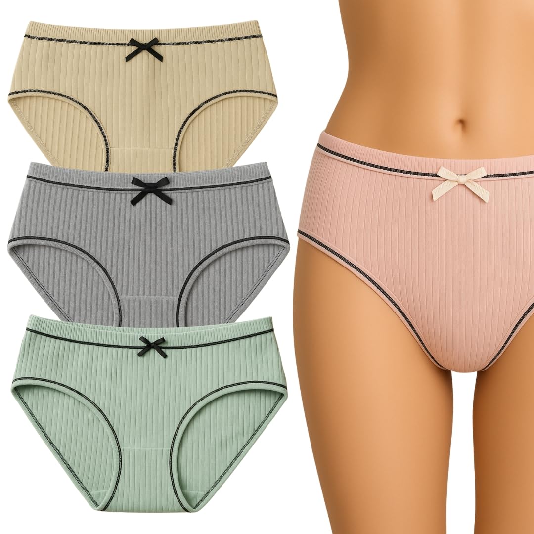 NINGMI Women’s Mid-Waist Cotton Panty – Soft Breathable Ribbed Underwear with Bow & Contrast Stitch (Multicolour) (Waist:26 to 36Inch) NINGMI Women’s Mid-Waist Cotton Panty – Soft Breathable Ribbed Underwear with Bow & Contrast Stitch (Multicolour) (Waist:26 to 36Inch)