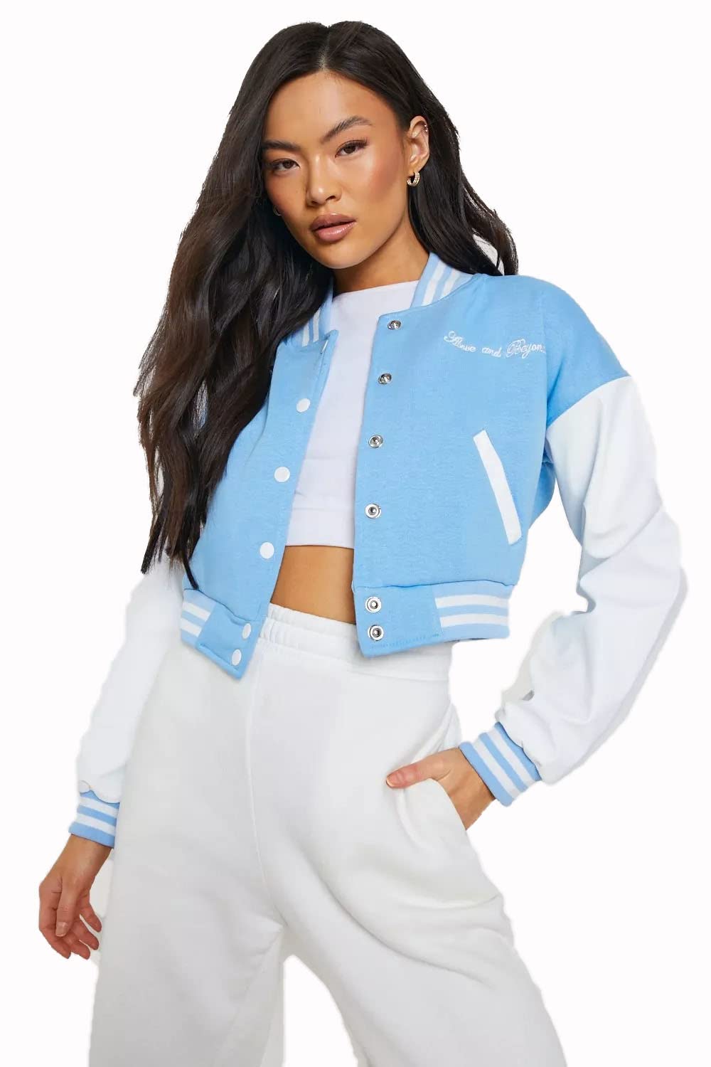 Fashion Foreverwomens Cropped Varsity Long Sleeve Button Up