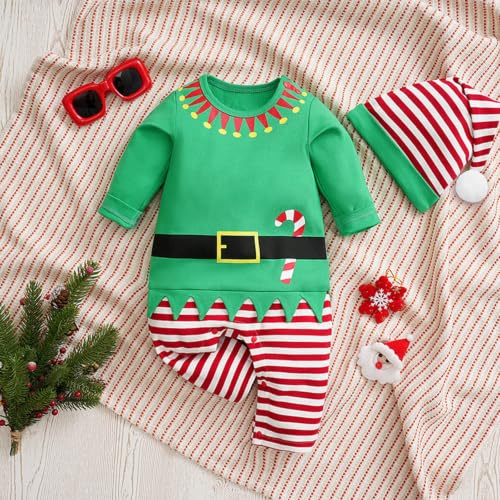 Baby Boys Xmas Elf Costumes Cotton Santas Helper With Hat Outfits Striped | Cosplay,Baby Boys Xmas Elf Costumes,Cotton Santas Helper With Hat Outfits,Striped,Chrismas,2026 Winter,Long Sleeve,Crew Neck - image 2