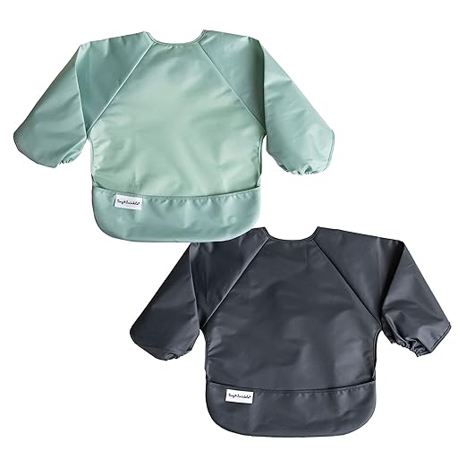Tiny Twinkle Mess Proof Baby Bibs, 2pk Waterproof Smock Baby Bibs for Eating, Machine Washable Long Sleeve Bibs, Baby Led Weaning, Toddler Bibs, BLW Supplies (Sage Charcoal, Large 2-4 Years)