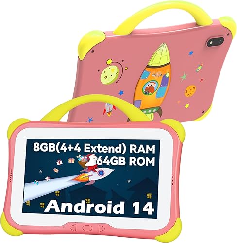 weelikeit Tableta infantil de 7 pulgadas para niños de 3 a 10, 8 GB (4+4 extendidos) RAM 64 GB ROM Tablet para niños pequeños Android 14 con doble