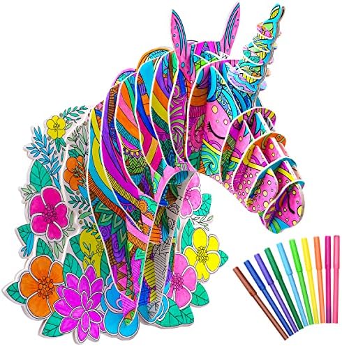 DIY 3D Coloring Unicorn Puzzle Set, Creative Arts Crafts Stocking Stuffers for Kids,Painting Puzzle Toys with 10 Colouring Pens Gifts for Girls Boys Age 6 7 8 9 10 11
