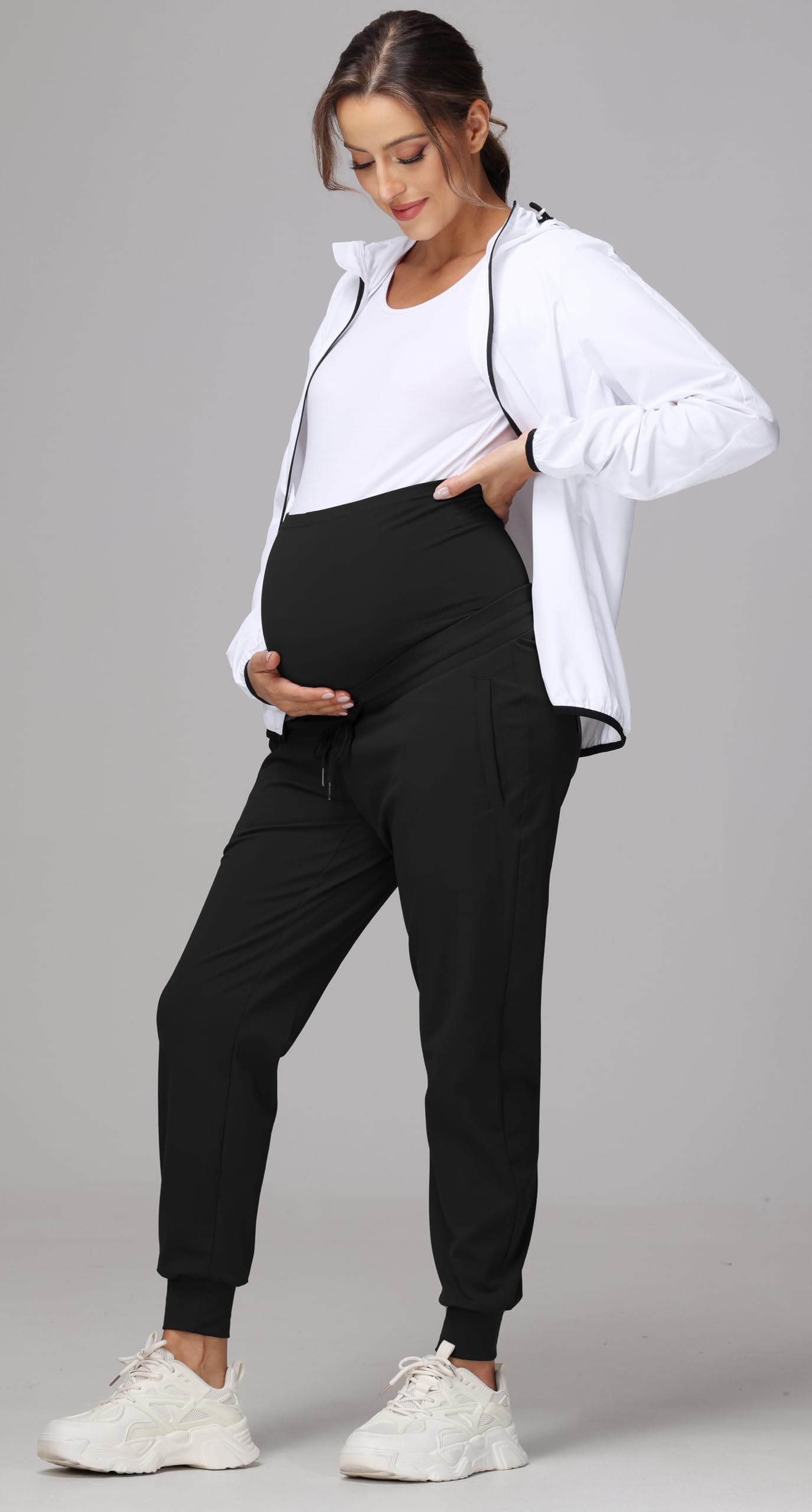 Pantalon de Grossesse Femme Taille Haute Pantalon Jogging Extensible Pantalons de Sport avec Poches et Cordon de Serrage