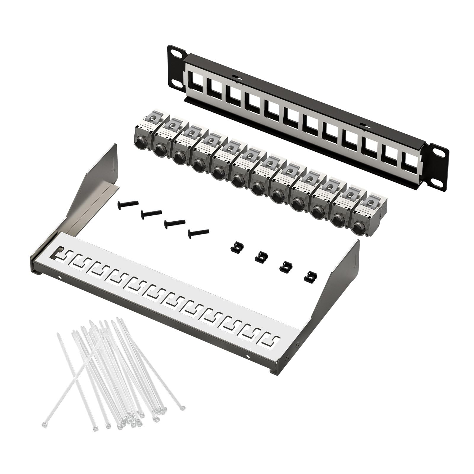 FGB Panneau de brassage 12 ports CAT7 10 Gbps avec 12 modules Keystone Cat7 blindés, montage en rack RJ45 19", réseau LAN 600 MHz, câble de pose pour commutateur réseau Gigabit
