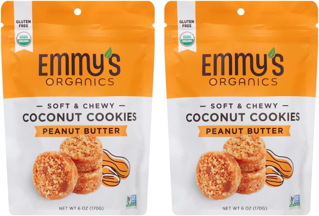 Emmy's Organics, Coconut Cookies - Peanut Butter, 6 oz (Pack of 2) | Gluten-Free Organic Cookies, Vegan, Paleo-Friendly