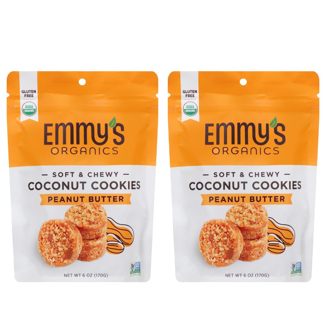 Emmy's Organics, Coconut Cookies - Peanut Butter, 6 oz (Pack of 2) | Gluten-Free Organic Cookies, Vegan, Paleo-Friendly