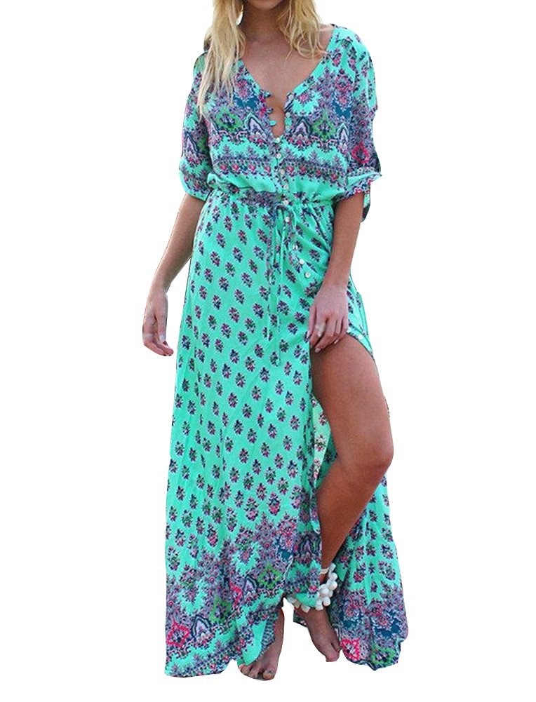Boho jurk voor dames, lange vintage zomerjurk, rustieke stijl, V-hals, met bloemenpatroon, casual maxi-jurk, lange mouwen, bloemenjurk, licht, elegante midi-jurk, western, country, chiffon jurk, bruin