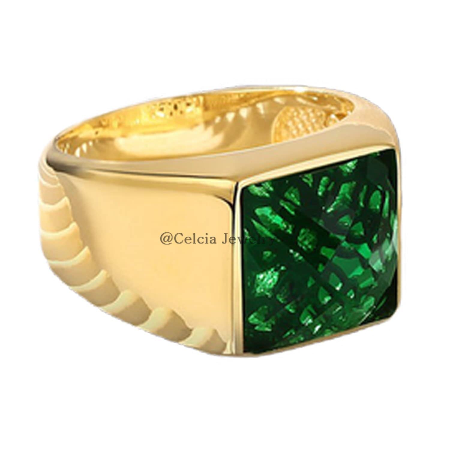 CELCIA JEWELRY Anillo de sello con piedras preciosas genuinas de circón cúbico verde para hombre, oro de 18 quilates sobre plata de ley 925, regalos de aniversario para papá