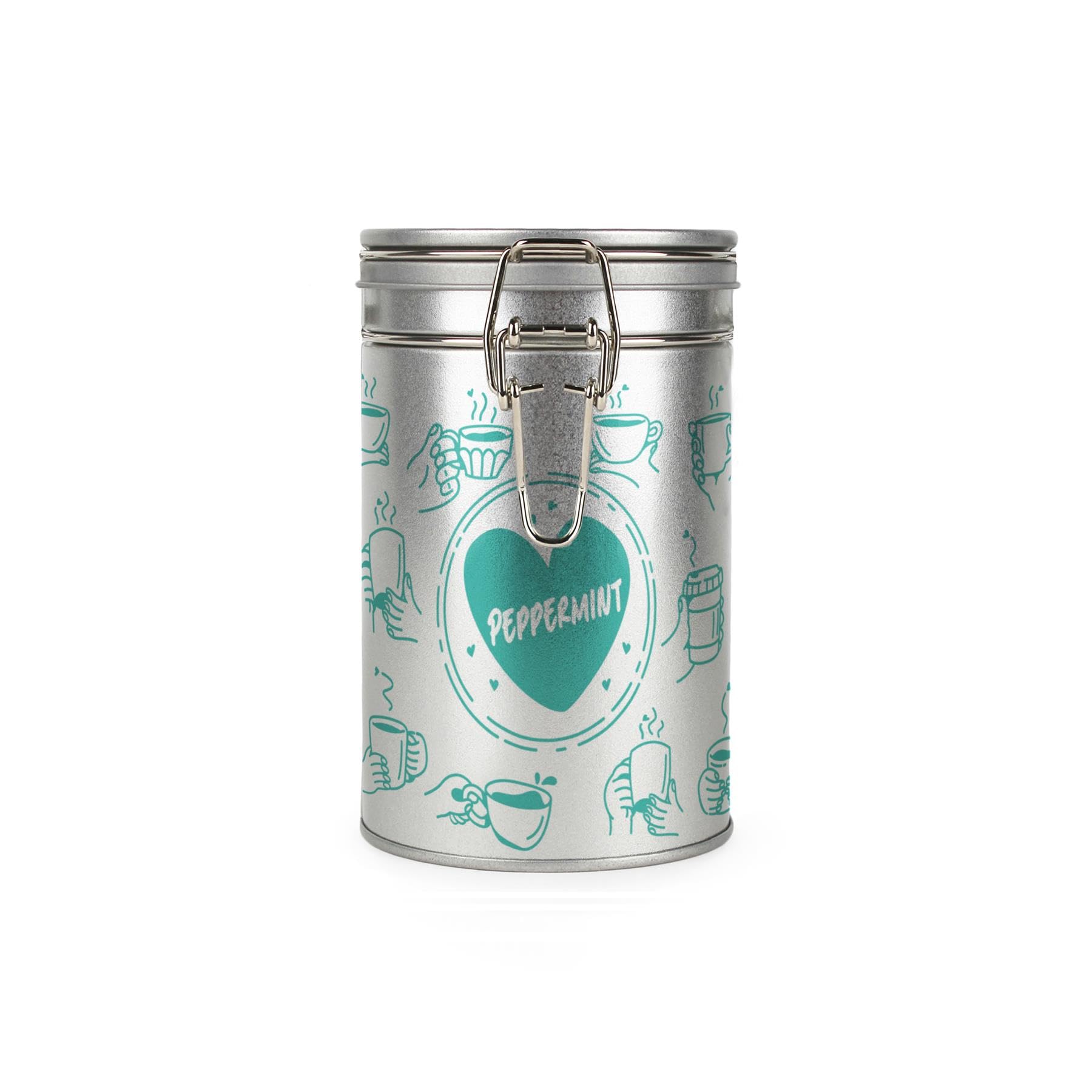 Purely Home Peppermint Tea Canister - Mint Cartoons Silver Metal Clip Lid Kitchen Storage Tin Gift 600ml (14cm x 8.5cm)