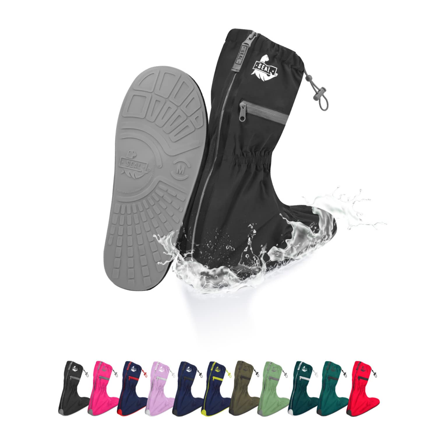SEAL Waterproof Shoe Covers, Reusable Rain Shoe Covers with Slip Resistant Sole & Large Zippers, Rain Mud Snow Shoe Protector Covers for Men & Women
