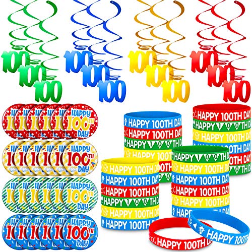 60 Pieces Happy 100th Day of School Set 100th Day Silicone Wristbands with Badges and Hanging Swirls, Colorful Happy 100th Day of School Party Decoration for Kids Primary School over 6 Years Old