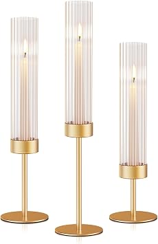 Gold Hurricane Candle Holders Fluted Tall Candlestick Holders for Wedding Brass Taper Candle Holder Modern Candle Sticks Holder Decor for Table Centerpiece Christmas Party Home Set of 3