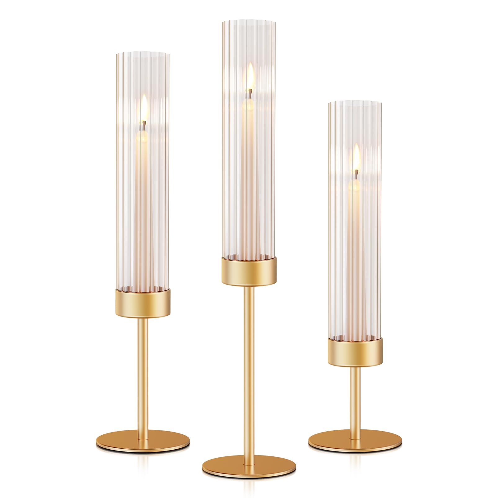 Photo 1 of AZXTOPSEZ Gold Hurricane Candle Holders: Fluted Tall Candlestick Holders for Wedding Brass Taper Candle Holder Modern Candle Sticks Holder Decor for Table Centerpiece Christmas Party Home Set of 3