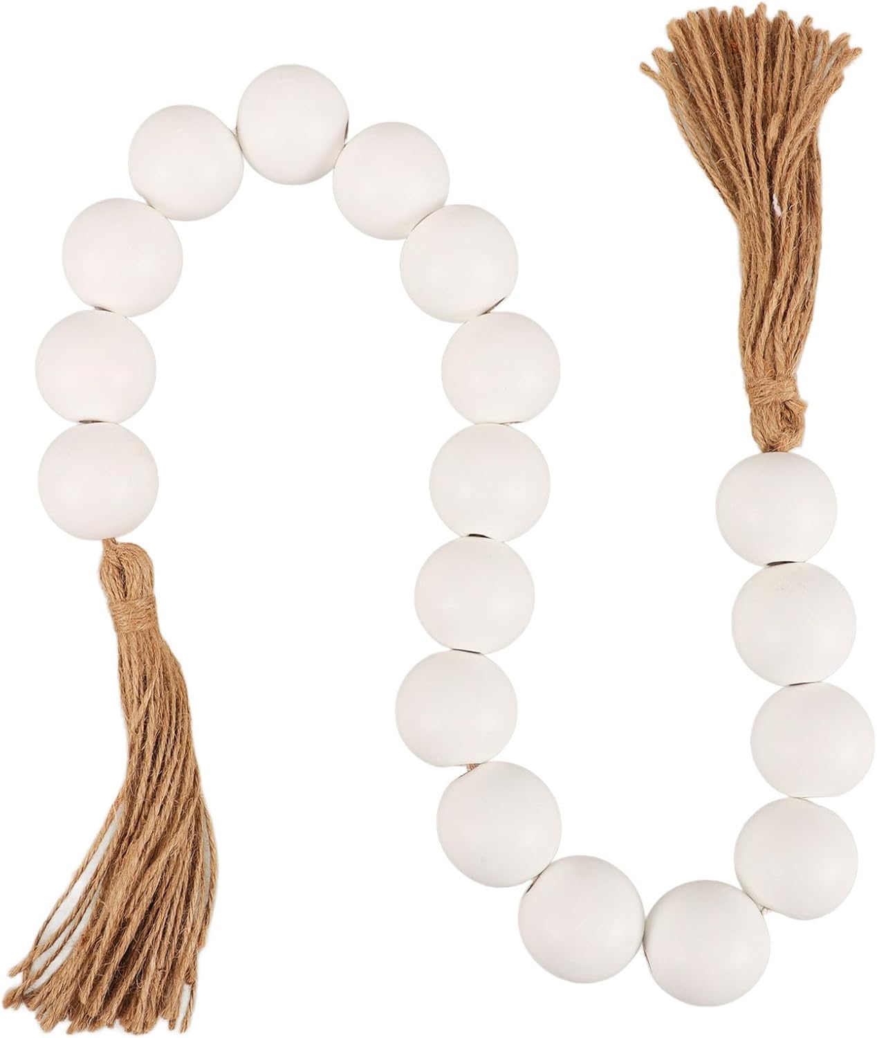 Farmhouse Beaded Garland with White Wood Beads and Tassels Decorative Wood Garland on Cotton Rope Unique Design Rustic Accent for Home and Bookshelf Decor