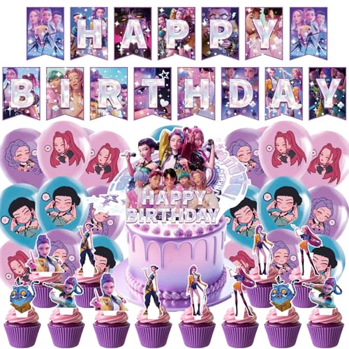 Kit de decoração de aniversário de 44 peças, bandeira, adorno para bolo, 24 ornamentos para Cupcakes, 18 balões e fita, para aniversários de crianças e festas temáticas