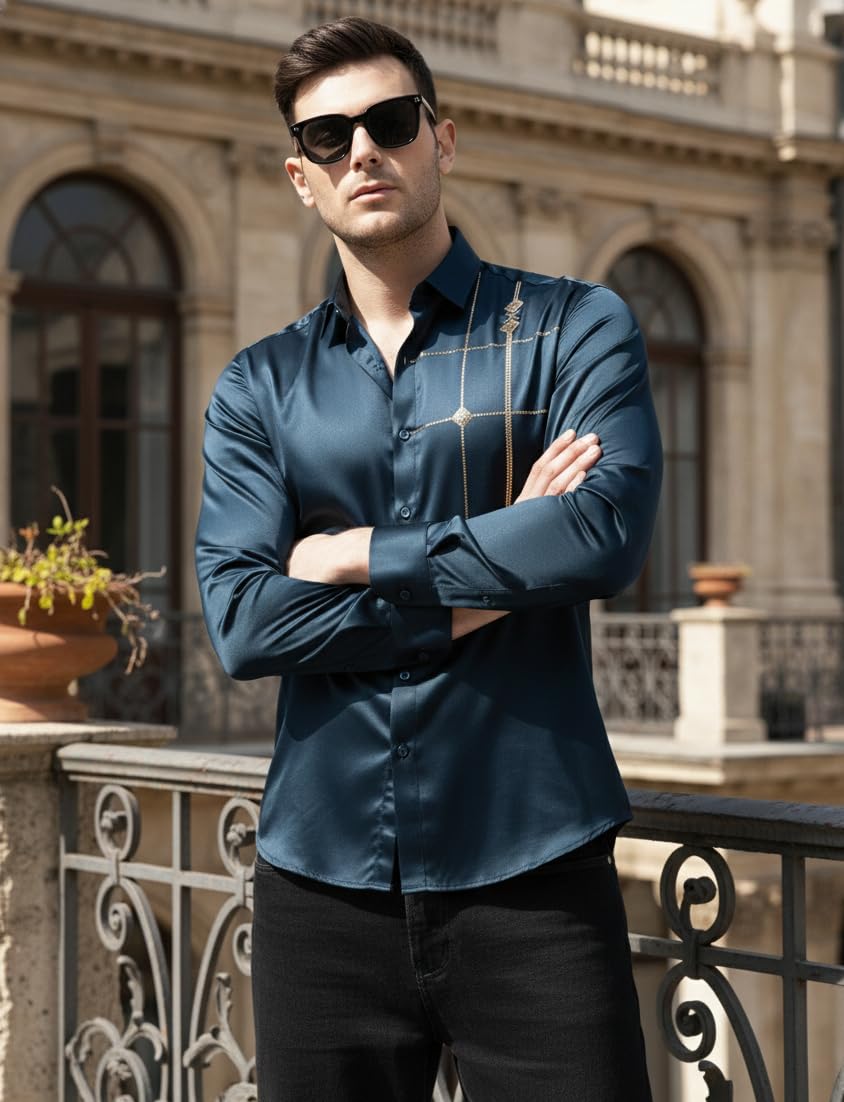 IndoPrimo Men’s Premium Satin Shirt for Party, Formal and Casual Wear – Stylish Designer Full Sleeve Shirt for Men