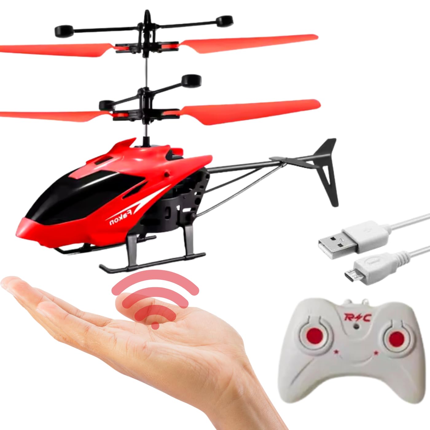 KIDZYMON® Outdoor and Indoor Flying Helicopter with Remote Control | Electronic Radio RC Remote Control Toy | Charging Helicopter with 3D Light & Safety Sensor for Kids - Pack of 1 (Colour Red)