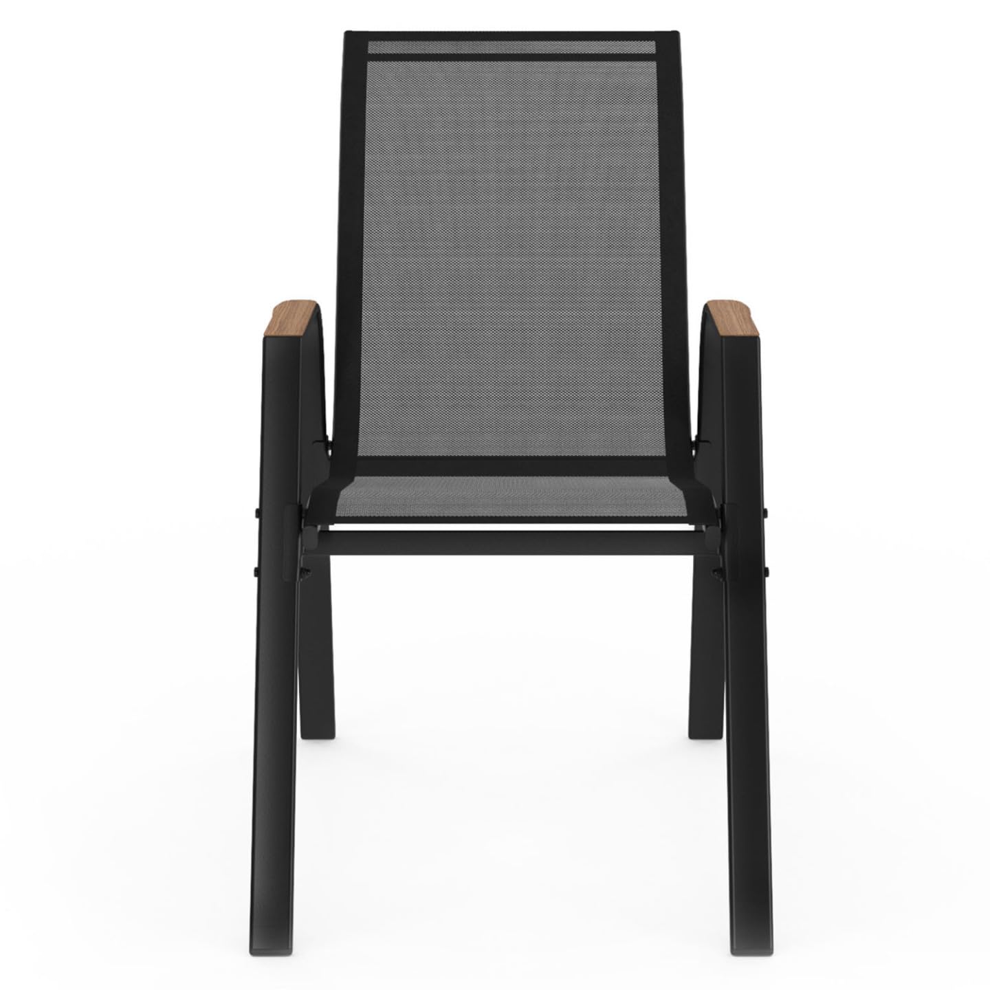 IDMarket NOUMEA - Juego de 4 sillas de jardín (metal y textileno, apilables, color negro y madera)
