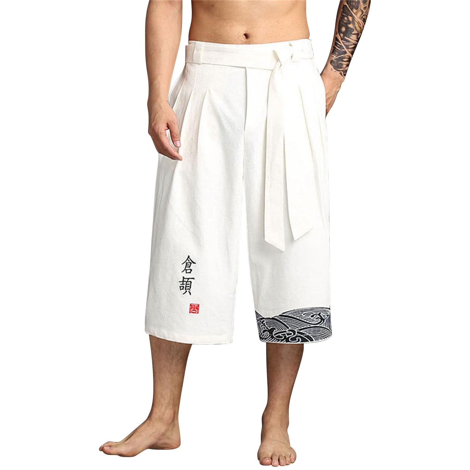 Pantalón de Kimono Tradicional Japonés, Lino Pantalones Cortos Hombre Verano Casual Moda, Ropa Asiática, Pantalones de Baño Playa, Capris Pants Estilo Japonés para Trabajo Running Correr Playa