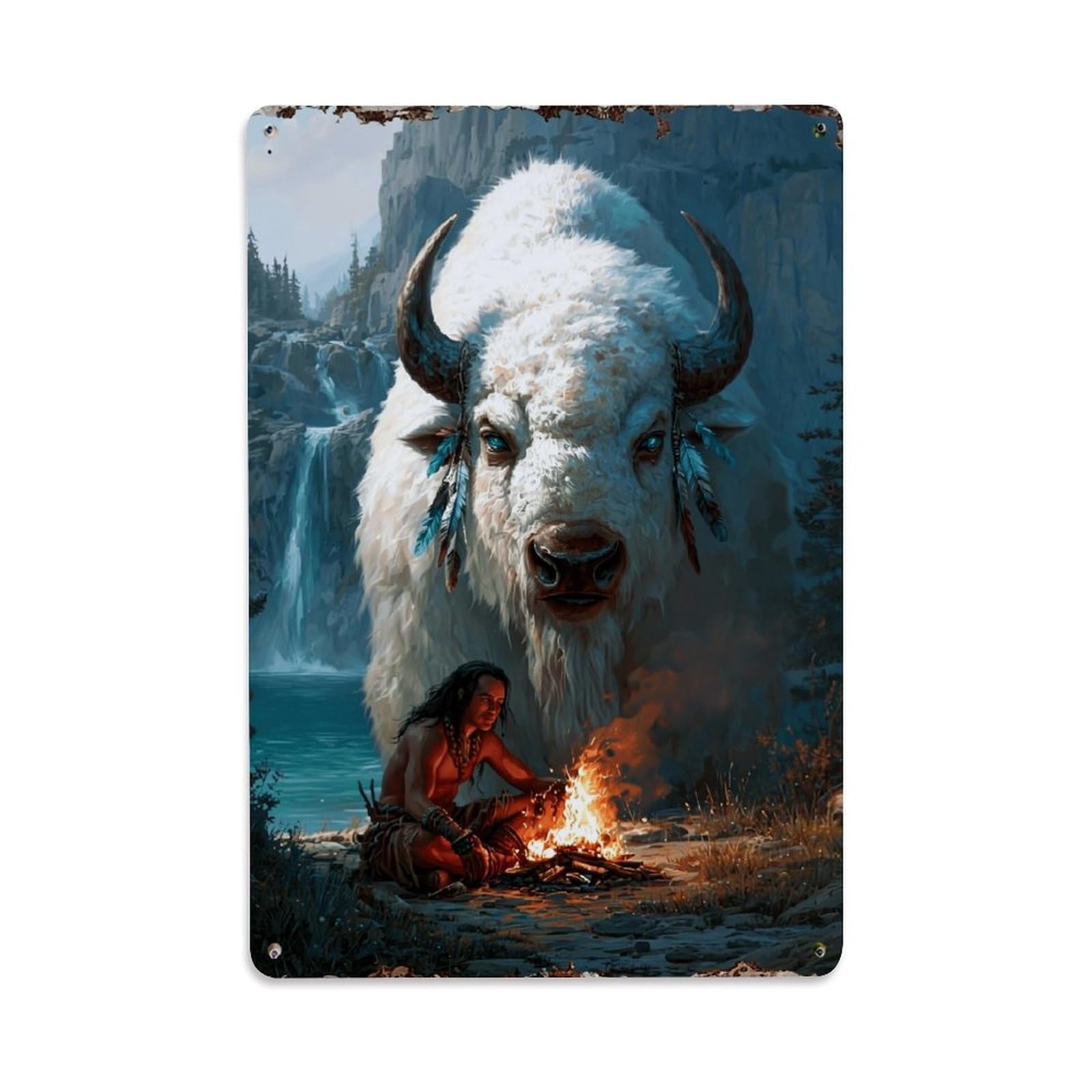 Nestemfo Vintage White Buffalo Spirit Guardian Scene Tin Sign Metal Sign, Living Room,Bar, Home, Bedroom Wall Decor,Retro Metal Poster 8X12 Inches