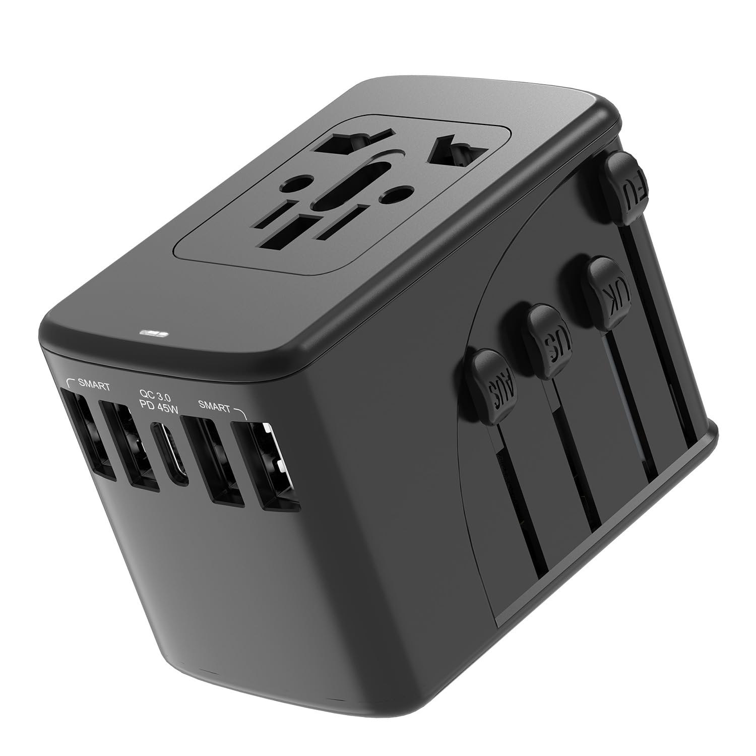 Necomi Universal Travel Adapter, 45W PD, 4 USB-A & 1 USB-C Ports, Multi AC Sockets, Converter for 200+ Countries, Black