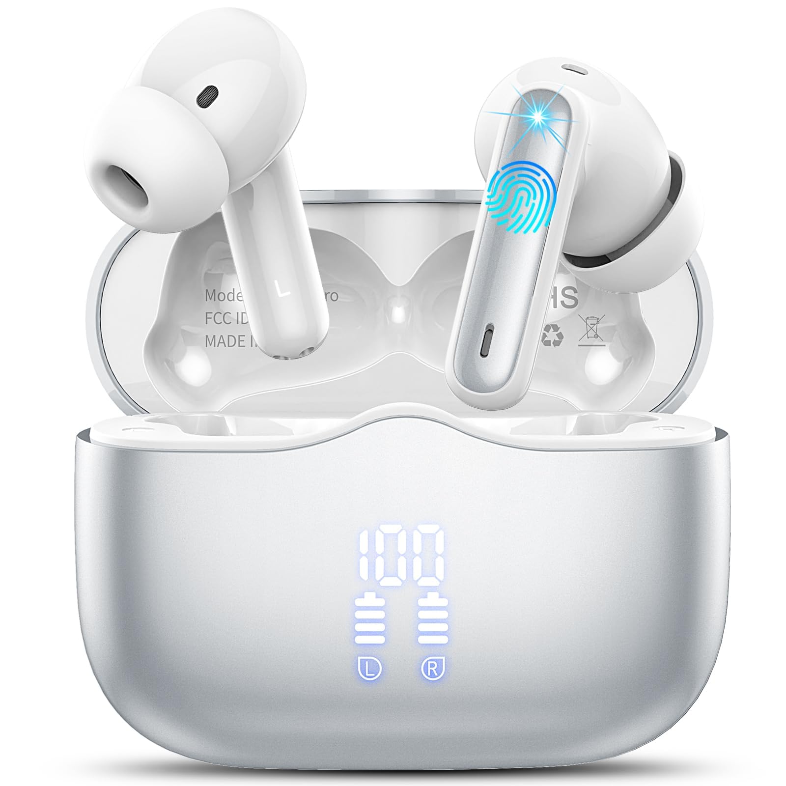xinwld Wireless Earbuds, Bluetooth 5.3 Headphones In Ear, 4 ENC Noise Cancelling Mic Wireless Earphones, IP7 Waterproof Headphones with 40H Playtime, Mini Ultra Light, Silver