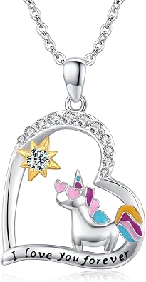 Unicorn Necklace 925 Sterling Silver Unicorn Necklace Rainbow I Love You Forever Necklaces CZ Heart Jewelry for Women