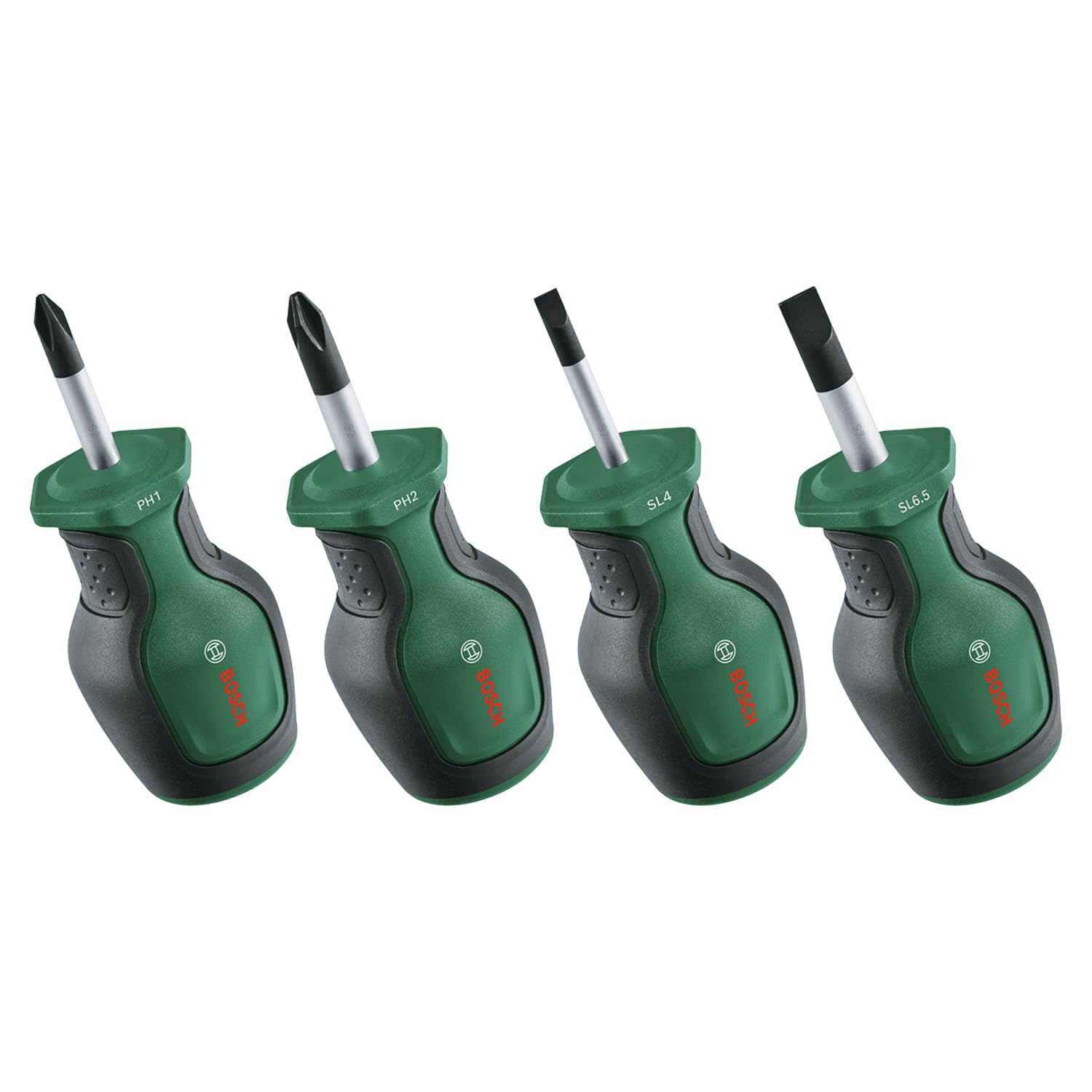 Bosch Tornavida Güdük Seti 4 Parça (Sıkı Alanlarda Sabitlemek için Kompakt Tornavidalar; PH/SL; S2 Çelik; Yüksek Tork; Renk Kodlu; Manyetik Uç; Ergonomik Yumuşak Tutuş)