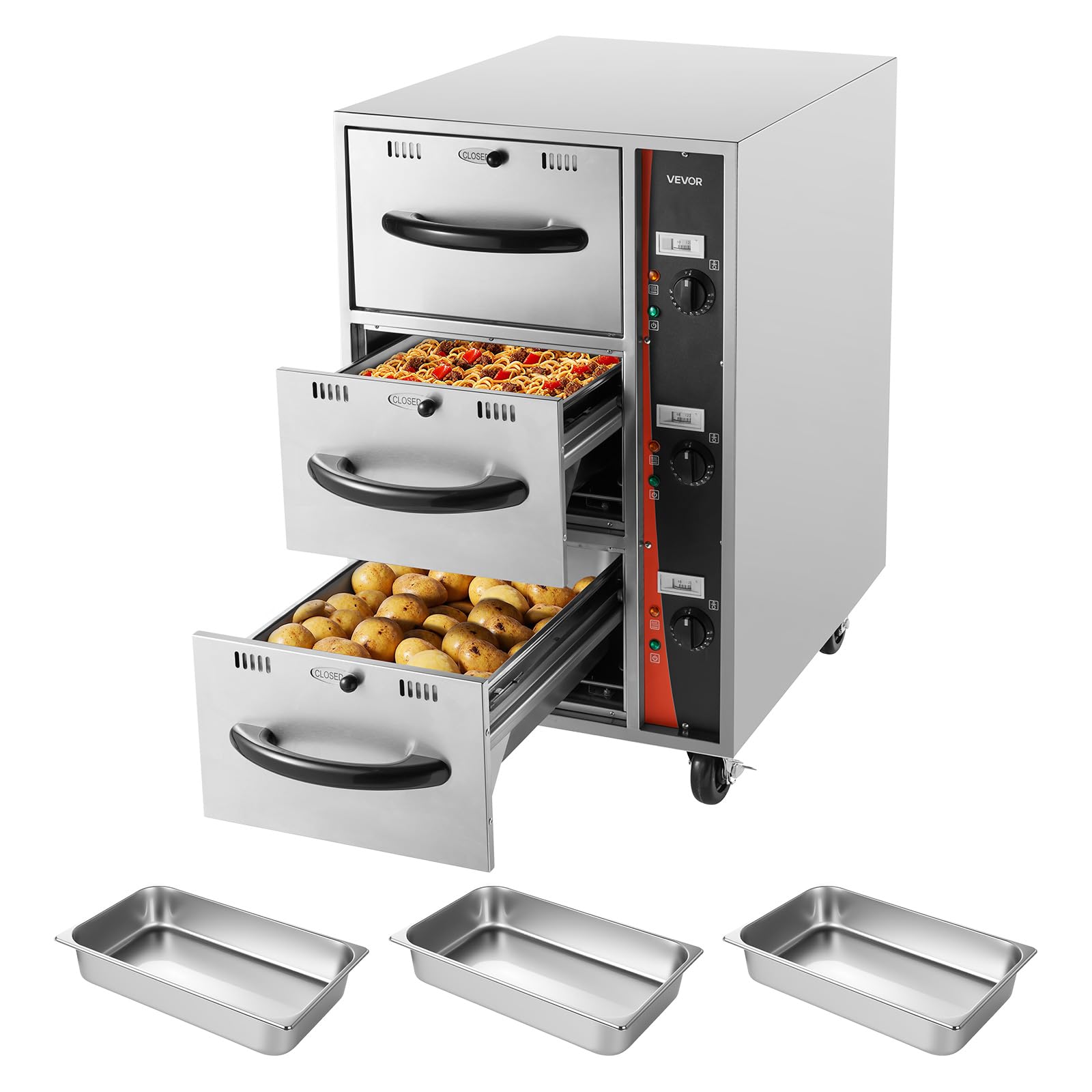 VEVOR Commercial Electric Drawer Warmer, Three-Drawer Stainless Steel Food Warmer, Freestanding Compact Warming Drawer Cabinet, 85°F–185°F Wide Temperature Range, for Restaurant, Hotel Buffet &amp; Bakery
