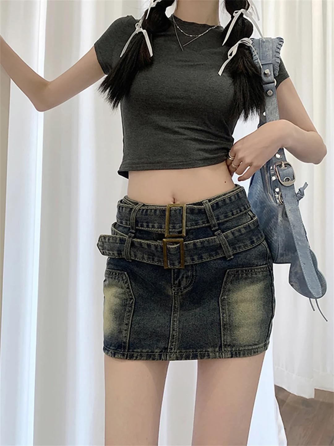Gonna da donna vintage, linea A, in jeans, tinta unita, con chiusura lampo, mini gonna da cowboy