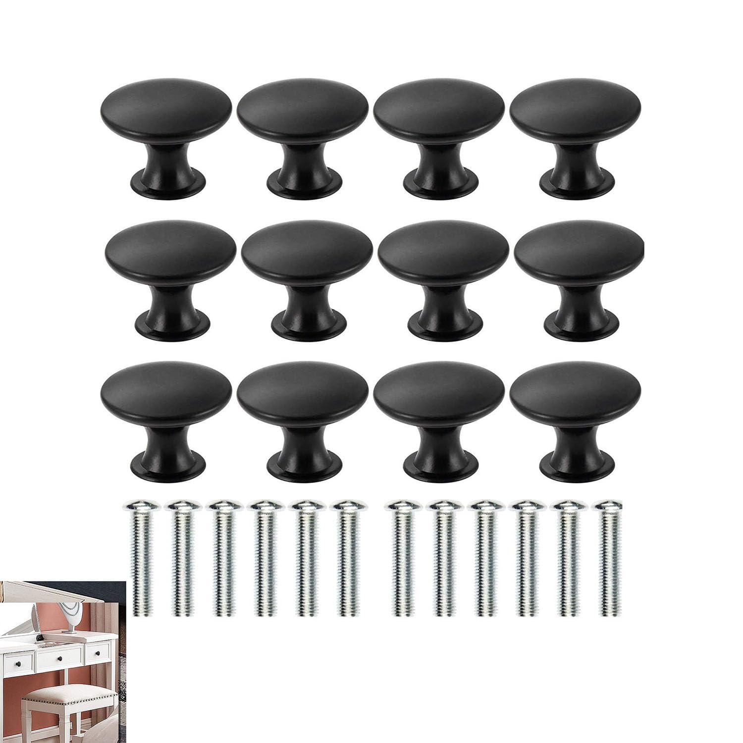 Joyzzz Cabinet Drawer Knobs, 12 Pack Cabinet Knob with 12 Pieces Screws, Kitchen Cabinet Knobs for Wardrobe, Cupboard, Hardware Round Drawer Knobs for Bathroom Furniture Door Window (Black)