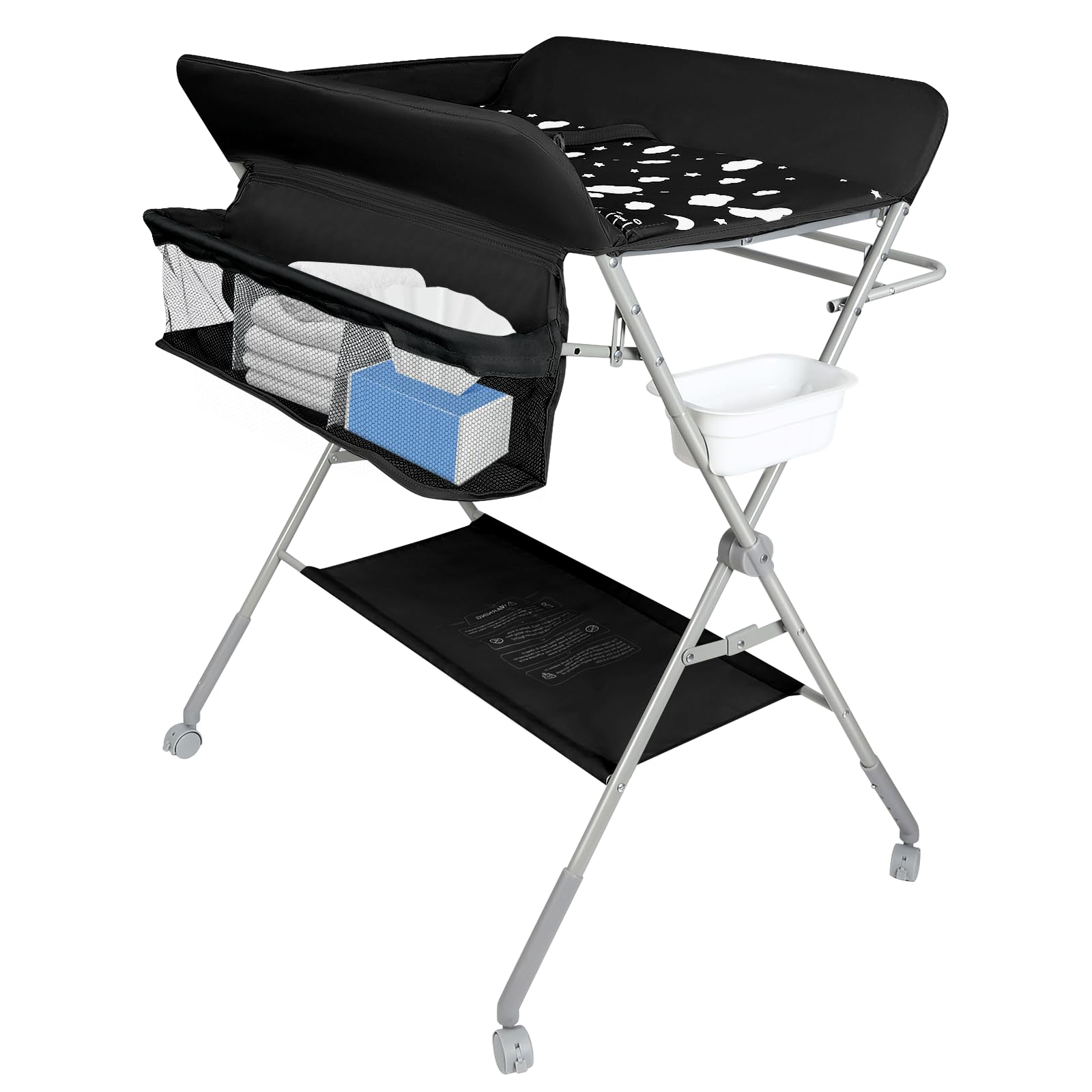 Mueble Cambiador Bebe Plegable y Portátil, Cambiador con 4 Ruedas, 3 Posiciones de Ajuste de Altura, Bañera Cambiador-80 * 58 * 90cm-negro