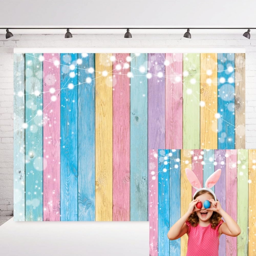 INRUI Colorful Wood Photography Backdrop Easter Pastel Colorful Wood Kids Birthday Baby Shower Party Decorations Banner (10x8FT)