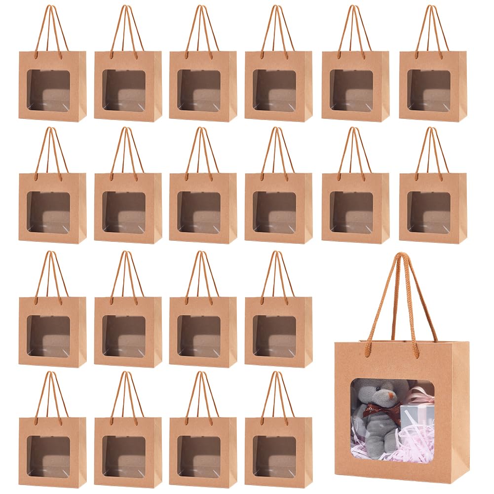 BENECREAT 50pcs Gift Bags with Transparent Window, Kraft Paper Shopping Bags with Handle for Birthday Wedding Party Florist Packing, 5.5x2.8x5.8