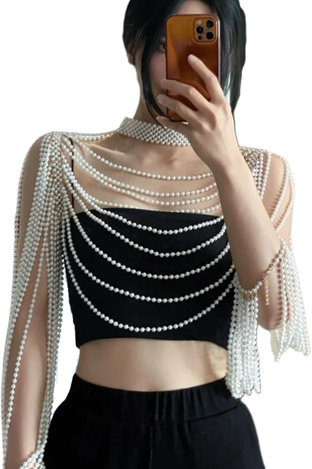 Pearl Body Chain for Women Pearl Shoulder Jewelry Party Wedding Dress Accessory Sexy Beaded Collar Bra Top Sweater Chain