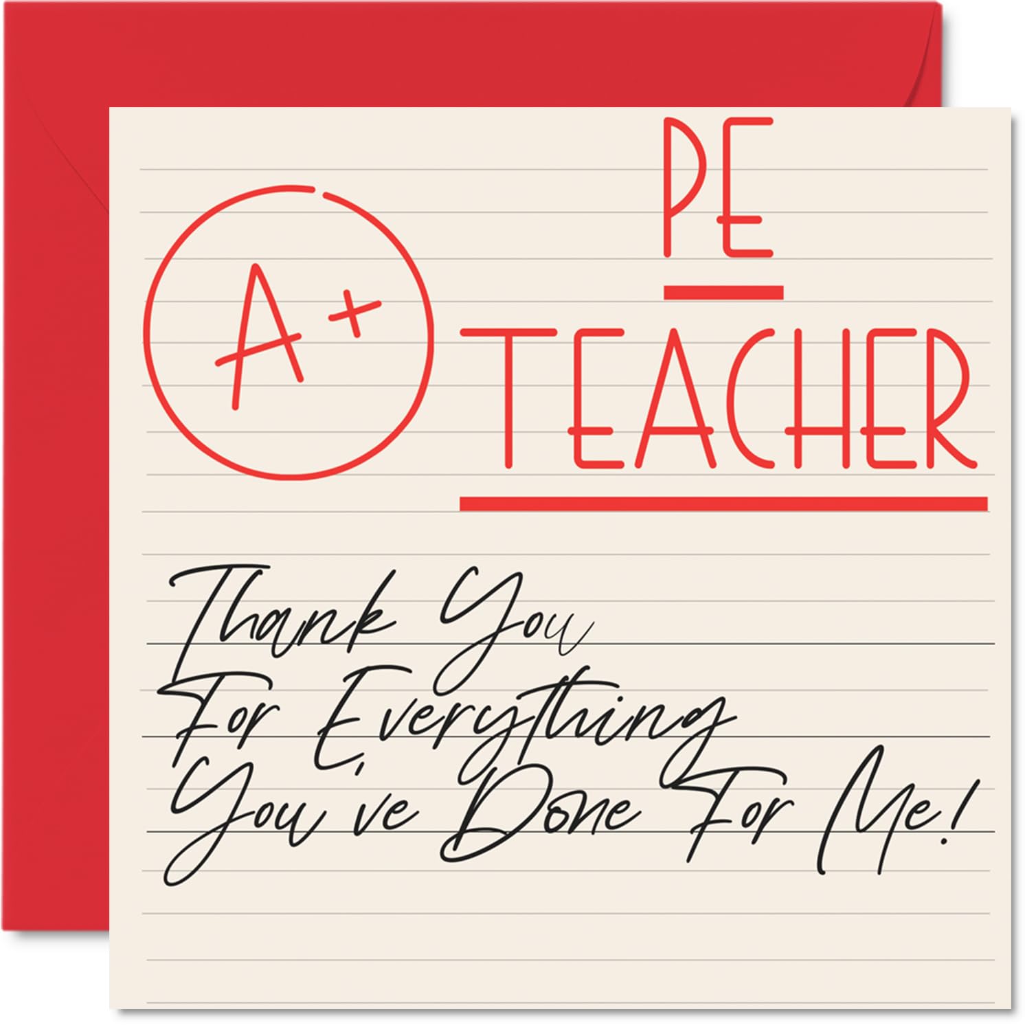 Thank You Cards for PE Teacher - A+ Teacher - Thankyou Cards for Him Her Men Women Teacher, Heartfelt Appreciation Card, 145mm Thank You So Much Greeting Gifts