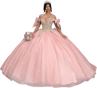 Gold Applique Quinceanera Dresses Off Shoulder Beaded XV Dress | Crystal Quinceanera Dress with Bow, Layered Glitter Tulle Ball Gown, Sequin Sweet 16 Dresses, Perfect for Your Quinceanera
