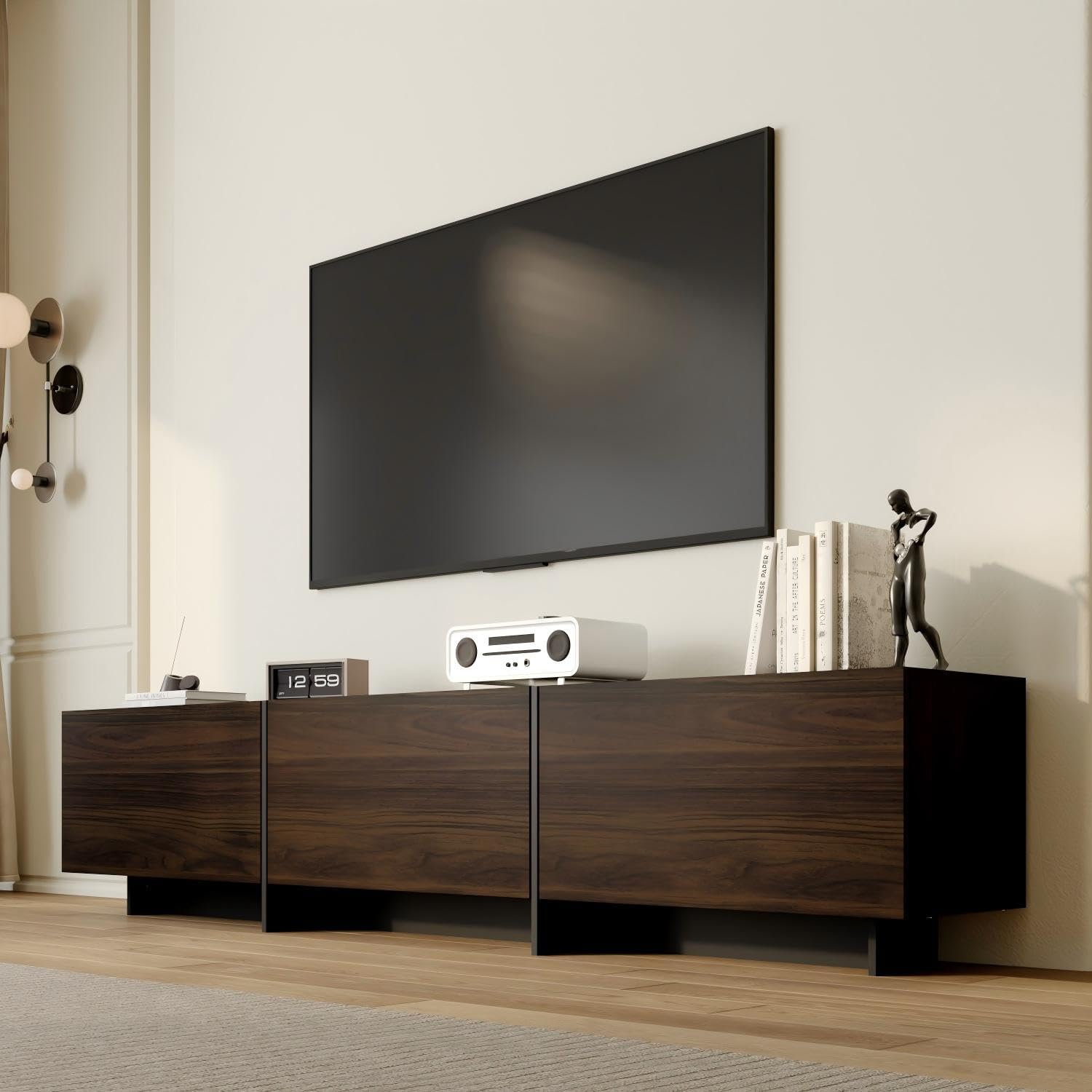 71.7 Inch TV Stand for TVs Up to 80", Modern Entertainment Center with 3 Compartments, Flip Down Doors and T-Shape Legs, Long Media Console Living Room, Black Brown