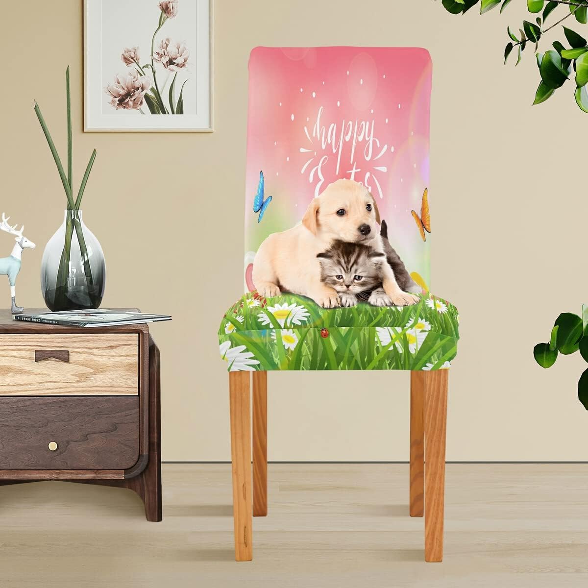 Kigai Easter Bunny Eggs Dining Chair Covers Set of 4, Stretch Chair Slipcovers Removable Washable Chair Protector Covers for Dining Room, Restaurant, Hotel, Party Decor