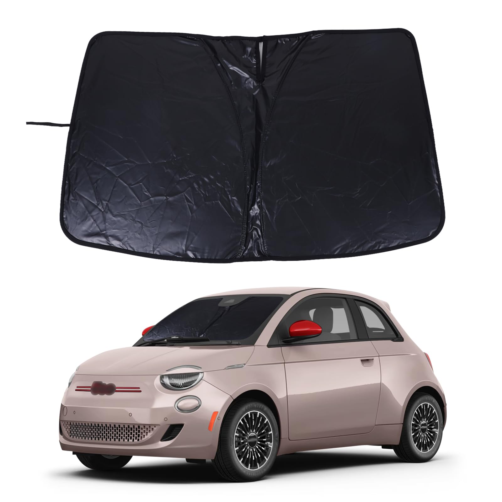 Windshield Sunshade for Fiat 500 2010-2024/ Abarth 595 2014-2024, Front Window Sun Shade, Foldable Reflective Sun Visor, Screen Shield Cover Blocker Protector HeatShield (All Black)
