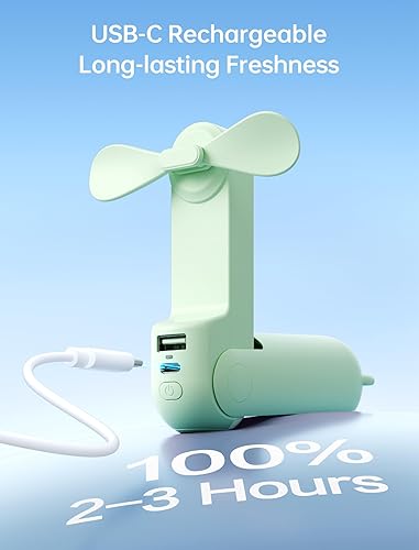 Vista 8 de JISULIFE Ventilador de mano, ventilador de mano 3 en 1, ventilador de bolsillo pequeño recargable por USB, ventilador de batería