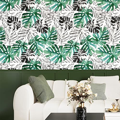 Wallercity Tropical Wallpaper Peel And Stick Botanical Leaf Black Floral Wallpaper For Bathroom Modern Palm Leaf Peel And Stick Wallpaper 17.5" X78.7" Removable White Leaves Contact Paper For Cabinets #TOP3
