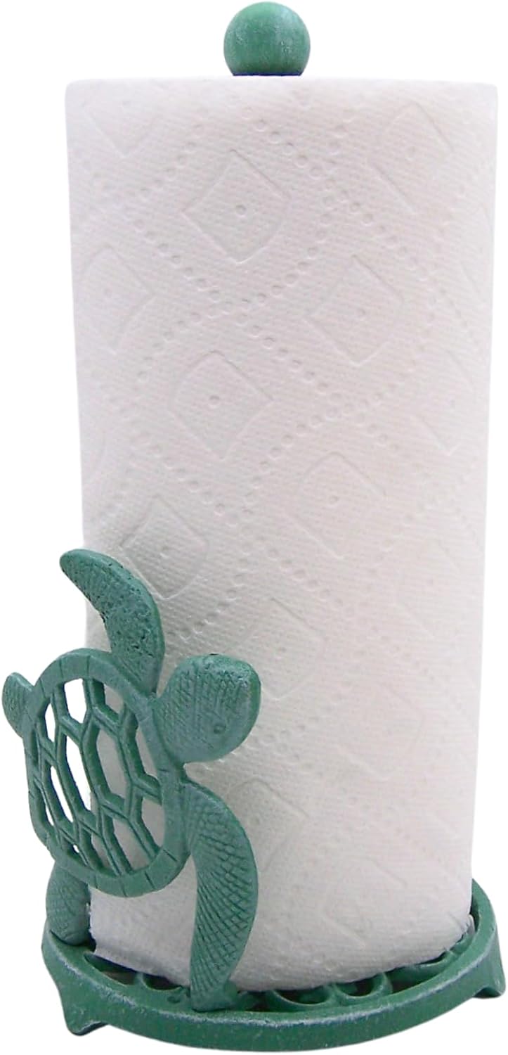 Sea Turtle Paper Towel Holder, Turquoise Nautical Kitchen Decor, Cast Iron, 13 Inches