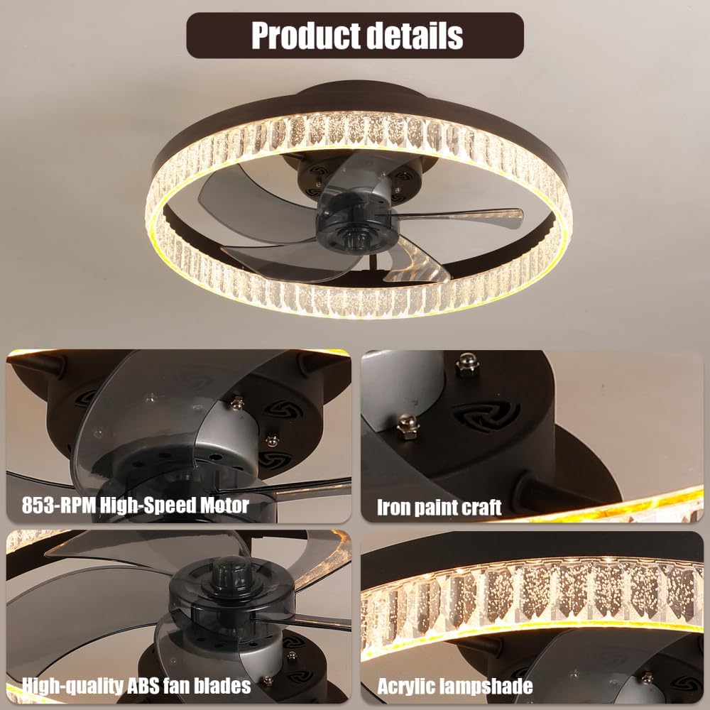 Modern Acrylic Ceiling Fan Light with Remote Control, Dimmable LED Chandelier, 6-Speed Adjustable, Quiet Motor, Flush Mount Design for Living Room, Bedroom, Dining Room (Brown + Iron)