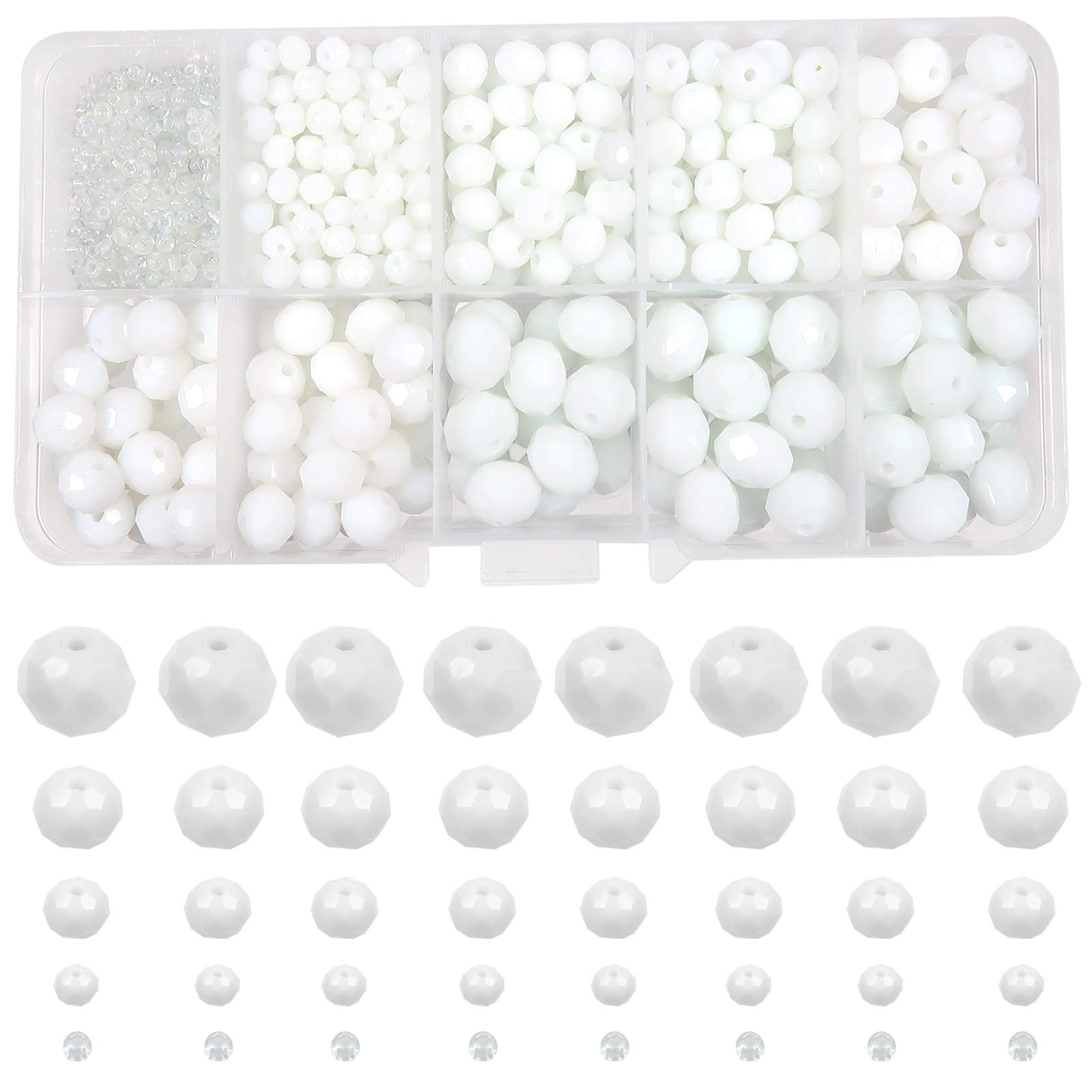 TOAOB 1000pcs Assorted White Crystal Glass Beads Faceted Spacer Bead 2mm 4mm 6mm 8mm 10mm for Jewelry Making DIY Craft Project