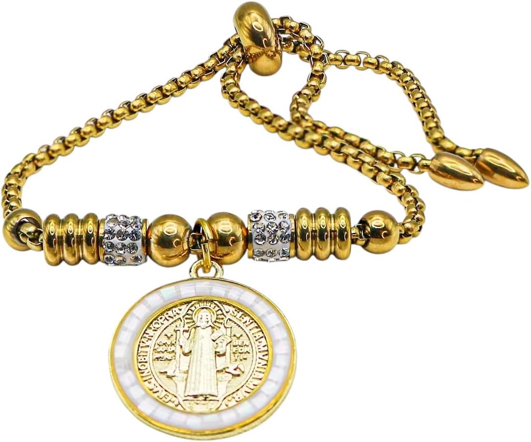 New 2026 Adjustable Gold Plated St. Benedict Medal Bracelets Colored Shell Edges Benedictus Snake Chain Bracelet-Fashion Bracelet For Women, Perfect Birthday Or Anniversary For Gift
