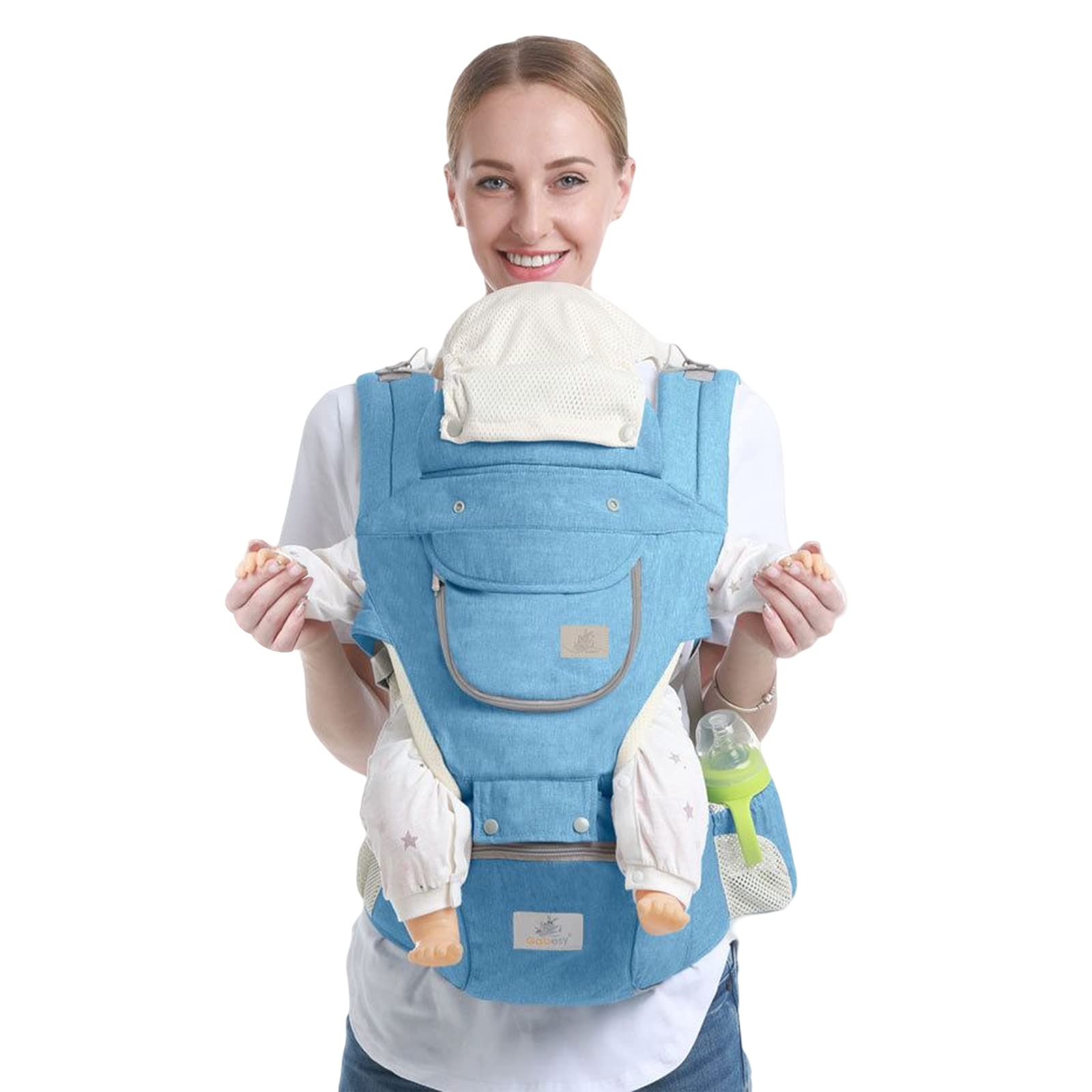 SONARIN Multifunktion Alle Jahreszeiten Babytrage mit Hüftsitz,Ergonomisch Atmungsaktive Babytragetasche Kindertrage Baby Tragesystem ab Geburt 0-36 Monate,Bauchtrage Rückentrage(Hellblau)
