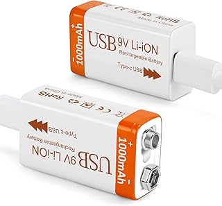 Rechargeable Lithium 9V Batteries 1000mAh with 2 in 1 USB Charging Cable, 9 Volt Li-ion 6f22 Battery for Smoke Detector,Guitar Pedals, 2 Pack